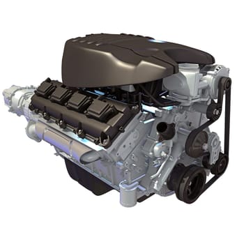 V8 Car Engine 3D rendering model on white background