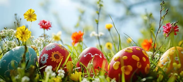 Happy Easter. Decorated Easter eggs on green grass on a sunny spring day. Easter banner with copy space