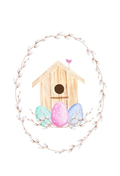 Watercolor drawing Easter card template with a cute house in a round frame of willow branches. Hand drawn cute drawing isolate on white background. For design of cards and tags. High quality illustration