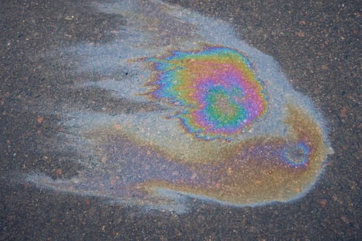 Textured stain of fuel or oil on wet asphalt on a rainy day. The concept of environmental pollution.