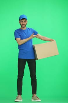 A man on a green background with box points side.