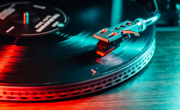 Colored neon vinyl record playing. Fusion of retro vibes and vibrant modernity. Contemporary aesthetics. Close-up dynamic motion. . High quality