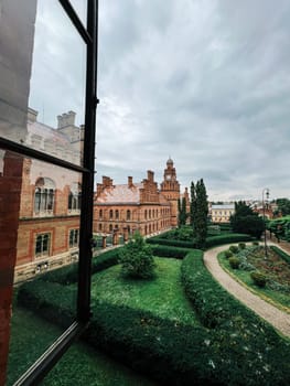 National Yuriy Fedkovych university of Chernivtsi. Travel destination in Ukraine. UNESCO heritage. View from window. High quality photo