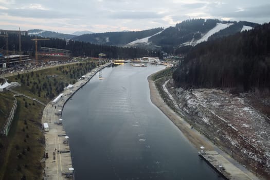 Aerial view from ferris wheel to Bukovel resort village in Carpathian mountains. High quality photo