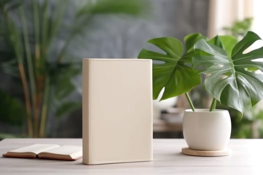 White Book Mockup. White book mockup with a monstera leaf in a vase on a beige table. AI Generated