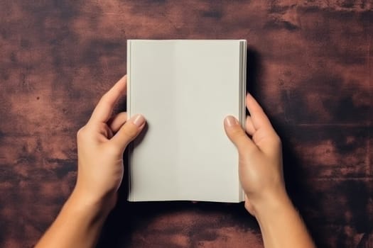 Woman holding book with blank cover on brown background, top view flat lay. AI Generated