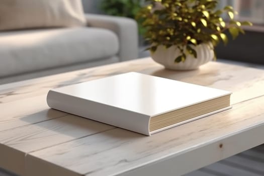 White book mockup with flowers in a vase on table. AI Generated