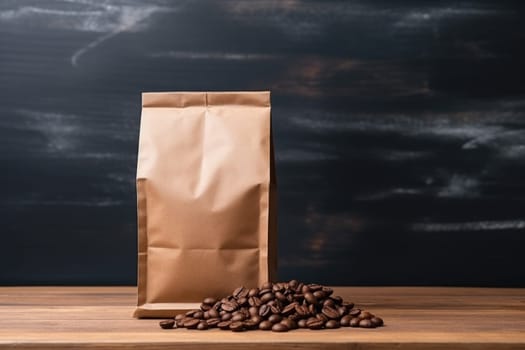 Blank brown Kraft paper bag with coffee beans on wooden background. Packaging template mockup. AI Generated