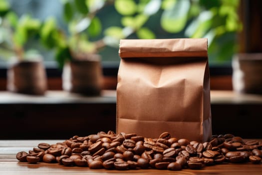Blank brown Kraft paper bag with coffee beans on wooden background. Packaging template mockup. AI Generated