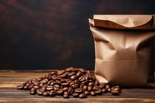 Blank brown Kraft paper bag with coffee beans on wooden background. Packaging template mockup. AI Generated