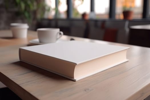 White book mockup with cup of coffee on table. AI Generated