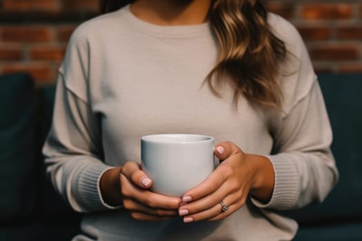 Girl is holding white cup in hands. Mug for woman, gift. Mockup for designs. AI Generated