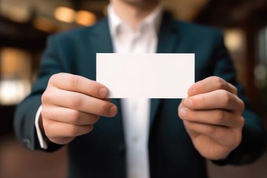Hand of businessman showing white visit card . AI Generated