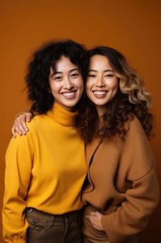 Group of multiracial females having fun. Models Of Different Ethnicity posing cheerful together on yellow background. AI Generated