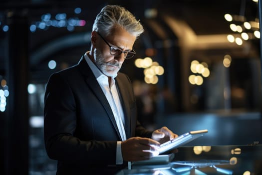 Smiling mature businessman professional executive manager looking away thinking working on tech device. Businessman working on tablet using AI. AI Generated