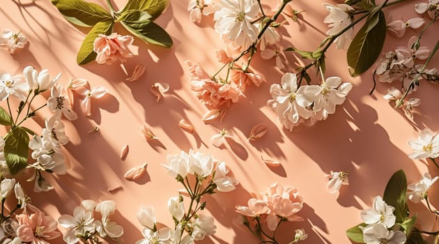 Flowers on a peach background. Spring floral flat lay background. High quality photo