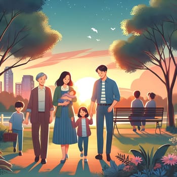 on sunset,family weekend of whole family in the park,illustration.