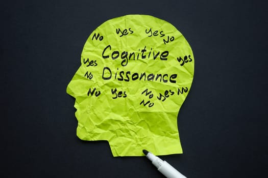 Paper head and written inscription Cognitive dissonance.