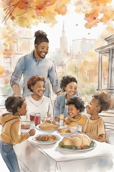 loving family enjoy thanksgiving lunch at the table illustration generative ai art