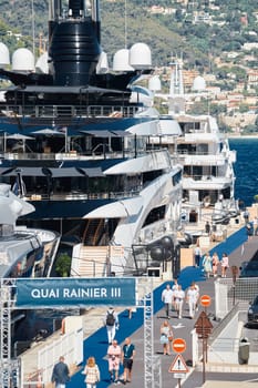 Monaco, Monte Carlo, 28 September 2022 - a lot of luxury yachts at the famous motorboat exhibition in the principality, the most expensive boats for the richest people around the world, yacht brokers. High quality photo