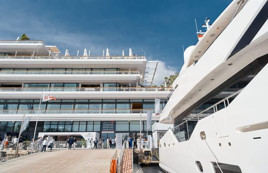 Monaco, Monte Carlo, 29 September 2022 - a lot of luxury yachts at the famous motorboat exhibition, the most expensive boats for the richest people, yacht brokers, boat traffic. High quality photo