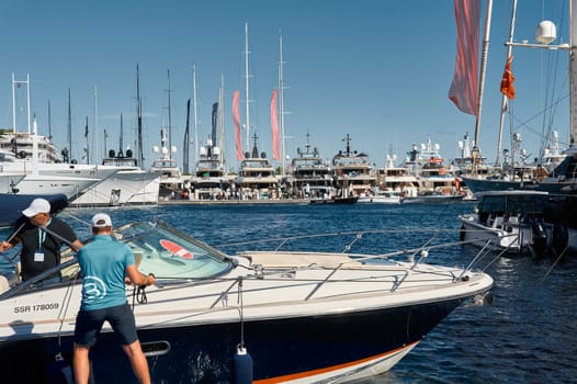 Monaco, Monte Carlo, 28 September 2022 - Top view of the famous yacht show, exhibition of luxury mega yachts, the most expensive boats for the richest people around the world, yacht brokers. High quality photo