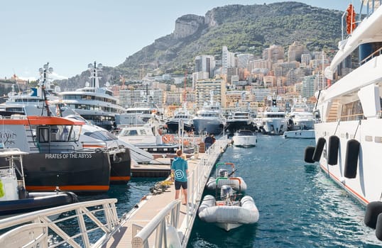 Monaco, Monte Carlo, 28 September 2022 - Top view of the famous yacht show, exhibition of luxury mega yachts, the most expensive boats for the richest people around the world, yacht brokers. High quality photo