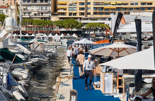 Monaco, Monte Carlo, 28 September 2022 - Top view of the famous yacht show, exhibition of luxury mega yachts, the most expensive boats for the richest people around the world, yacht brokers. High quality photo