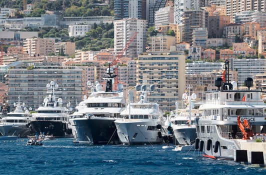 Monaco, Monte Carlo, 28 September 2022 - Top view of the famous yacht show, exhibition of luxury mega yachts, the most expensive boats for the richest people around the world, yacht brokers. High quality photo