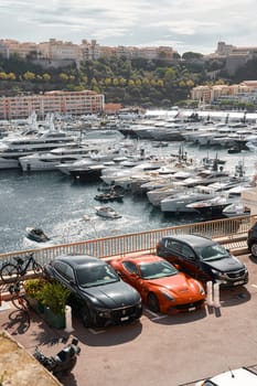 Monaco, Monte Carlo, 29 September 2022 - a lot of luxury yachts at the famous motorboat exhibition, the most expensive boats for the richest people, yacht brokers, boat traffic. High quality photo