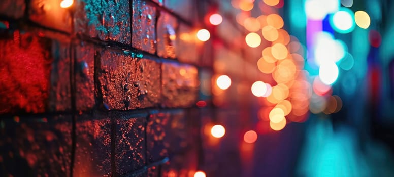 Disco style background with brick wall with neon blue, purple and yellow lights, bokeh.