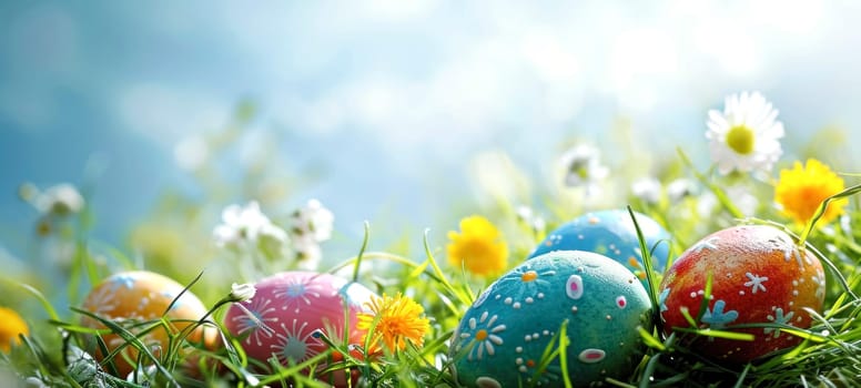 Happy Easter. Decorated Easter eggs on green grass on a sunny spring day. Easter banner with copy space
