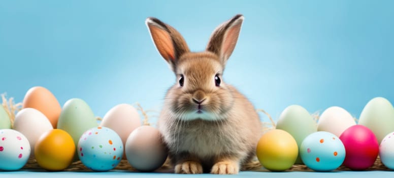 Easter banner with colorful painted eggs and a little bunny rabbit on a blue background with copy space. Happy Easter greeting card.