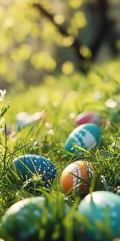 Happy Easter. Decorated Easter eggs on green grass on a sunny spring day. Easter vertical banner for smart phone with copy space