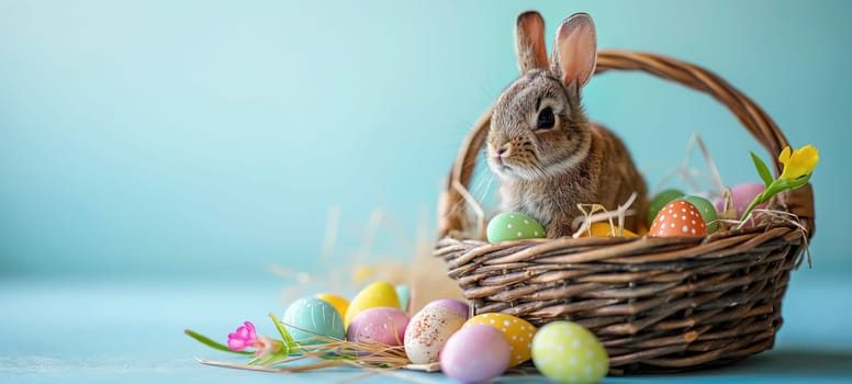Cute young Easter bunny in a wicker basket with dyed eggs on blue background. Easter banner with copy space