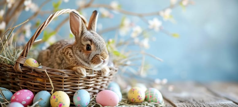 Cute young Easter bunny in a wicker basket with dyed eggs on a wooden table. Easter banner with copy space