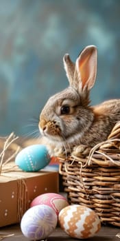 Cute Easter bunny in a wicker basket with dyed eggs on a wooden table. Easter vertical banner for smart phone with copy space