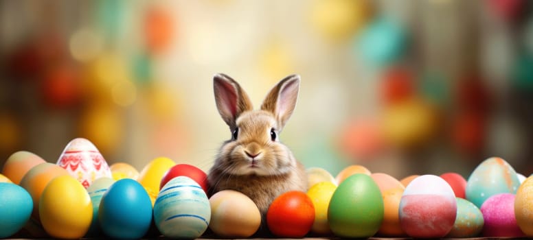 Easter cute bunny sitting among many colored eggs, holiday banner or greeting card with copy space