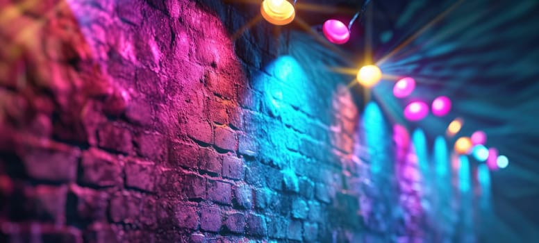 Disco style background with brick wall with neon blue, purple and yellow lights, bokeh.