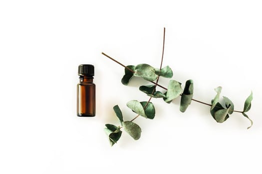 A bottle of fragrant cosmetic or essential oil on a white background surrounded by sprigs of eucalyptus.
