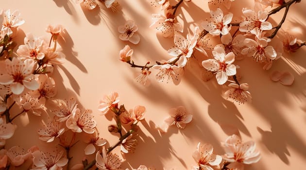 Flowers on a peach background. Spring floral flat lay background. High quality photo