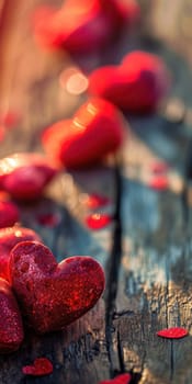 Red hearts on wooden background. Valentine's Day backdrop. Vertical banner, voucher or greeting card for smartphone