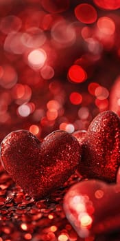 Red shiny background with hearts for Valentine's Day. Vertical banner, voucher or greeting card for smartphone