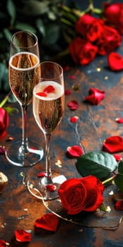 Valentine's day background with glasses of champagne and roses. Vertical banner or greeting card for smartphone