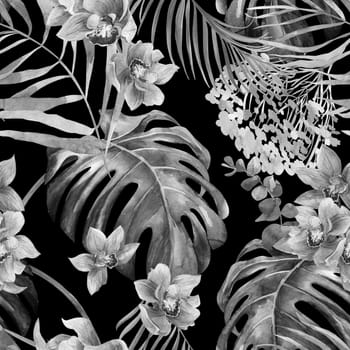 Seamless pattern with watercolor flowers in black and white shades