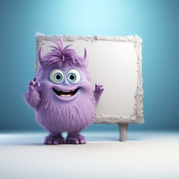 Funny purple monster , standing near white blank banner, isolated on white-blue background. Copy space