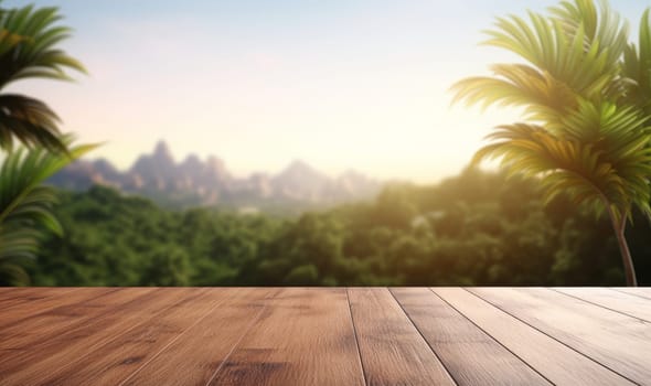 Wide wooden table top against the background of tropical trees at sunset.