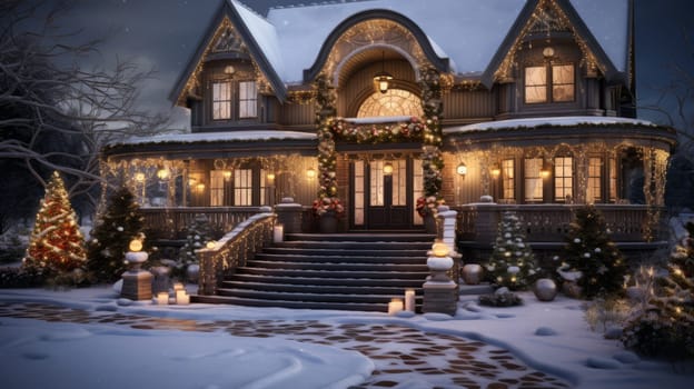 beautiful country house, with luminous windows, decorated for Christmas, snow-covered, at dusk.