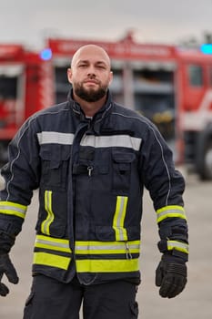 A symbolically brave firefighter strides forward with unwavering courage, epitomizing dedication and leadership, while behind him, a modern firetruck stands ready for firefighting actions, capturing the essence of heroism and preparedness in the face of emergency.