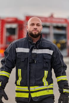 A symbolically brave firefighter strides forward with unwavering courage, epitomizing dedication and leadership, while behind him, a modern firetruck stands ready for firefighting actions, capturing the essence of heroism and preparedness in the face of emergency.